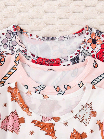3pcs/Set Girls Christmas Tree, Cartoon Pattern And Floral Print Casual Dress Set For Christmas