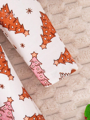 3pcs/Set Girls Christmas Tree, Cartoon Pattern And Floral Print Casual Dress Set For Christmas