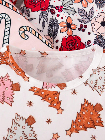 3pcs/Set Girls Christmas Tree, Cartoon Pattern And Floral Print Casual Dress Set For Christmas