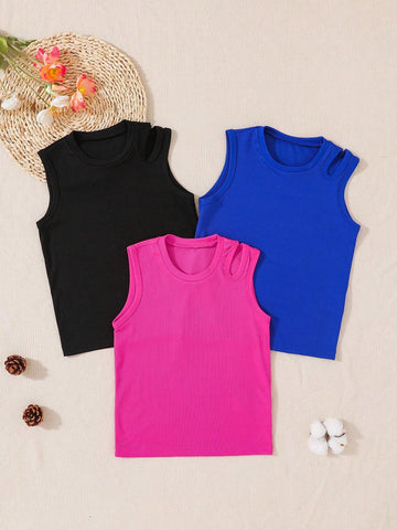 3pcs/Set Girls" Fashionable Casual Hollow Out Tank Tops For Summer Holiday