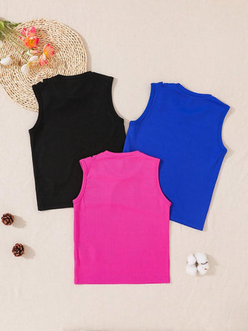 3pcs/Set Girls" Fashionable Casual Hollow Out Tank Tops For Summer Holiday