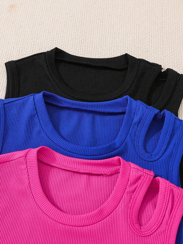 3pcs/Set Girls" Fashionable Casual Hollow Out Tank Tops For Summer Holiday