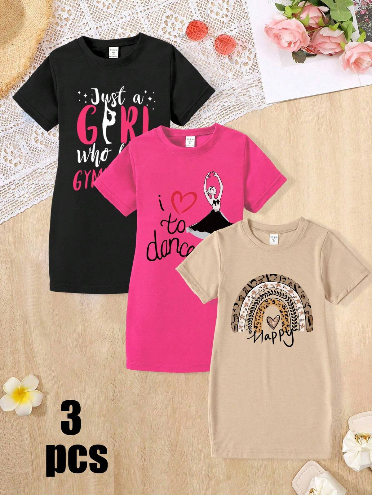 3pcs/Set Girls' Fashionable Leisure Leopard Heart Ballet Girl Group Print Short Sleeve T-Shirt Dresses