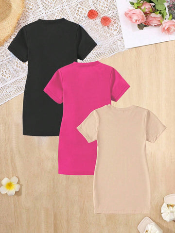 3pcs/Set Girls' Fashionable Leisure Leopard Heart Ballet Girl Group Print Short Sleeve T-Shirt Dresses