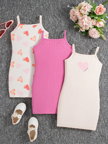 3pcs/Set Girls' Heart & Letter Print Camisole Fitted Dress