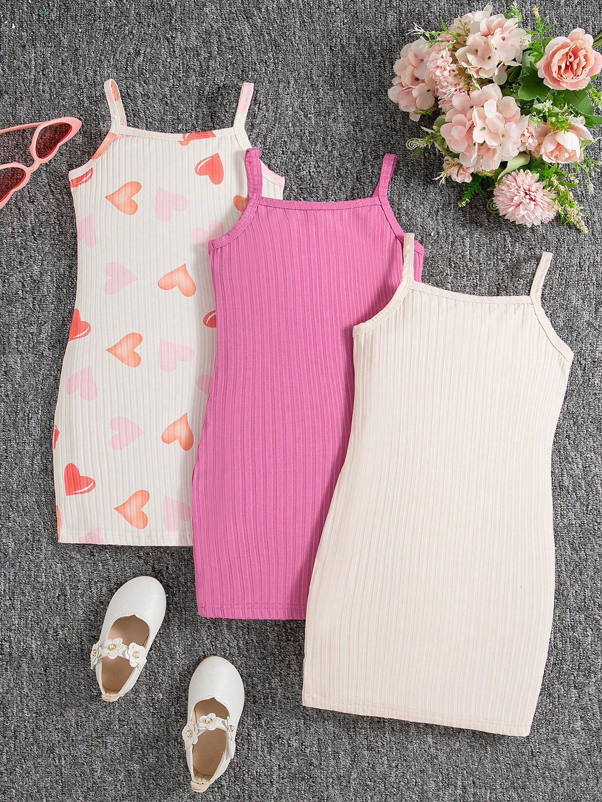 3pcs/Set Girls' Heart & Letter Print Camisole Fitted Dress