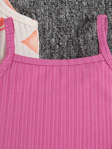 3pcs/Set Girls' Heart & Letter Print Camisole Fitted Dress