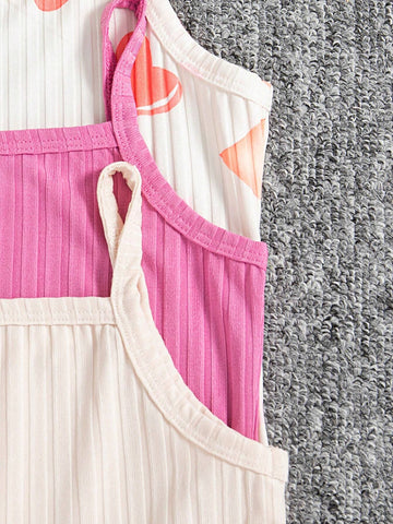 3pcs/Set Girls' Heart & Letter Print Camisole Fitted Dress