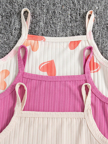 3pcs/Set Girls' Heart & Letter Print Camisole Fitted Dress
