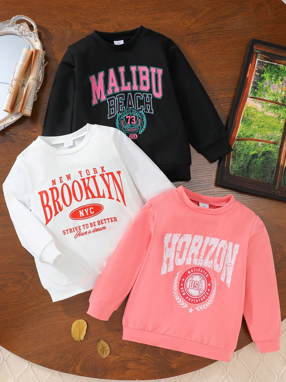 3pcs/Set Girls Letter Print Long Sleeve Sweatshirt, Young Girl Casual T-Shirt Style Top, Spring Autumn