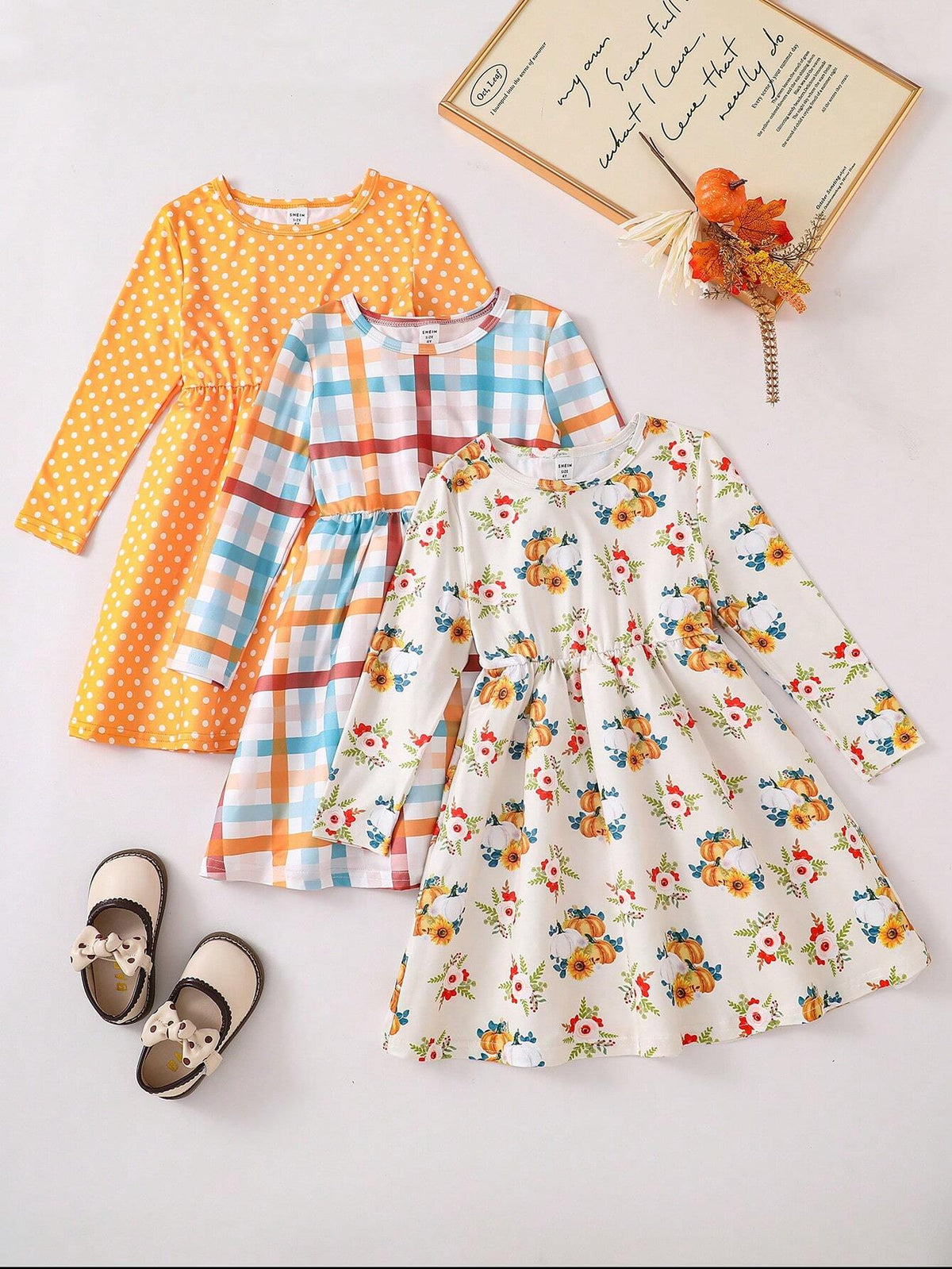 3pcs/Set Girls' Simple Elegant Plaid, Polka Dot & Floral Print Long Sleeve Dress Set