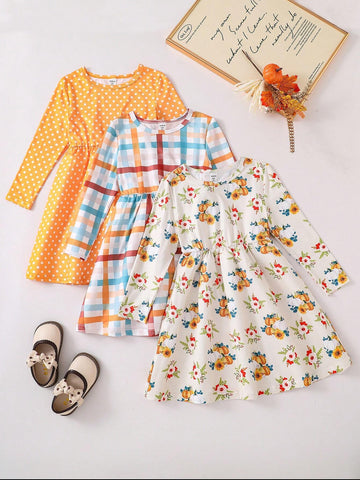 3pcs/Set Girls' Simple Elegant Plaid, Polka Dot & Floral Print Long Sleeve Dress Set