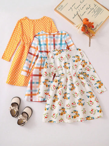 3pcs/Set Girls' Simple Elegant Plaid, Polka Dot & Floral Print Long Sleeve Dress Set