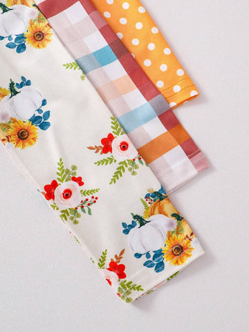 3pcs/Set Girls' Simple Elegant Plaid, Polka Dot & Floral Print Long Sleeve Dress Set