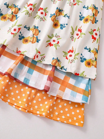 3pcs/Set Girls' Simple Elegant Plaid, Polka Dot & Floral Print Long Sleeve Dress Set