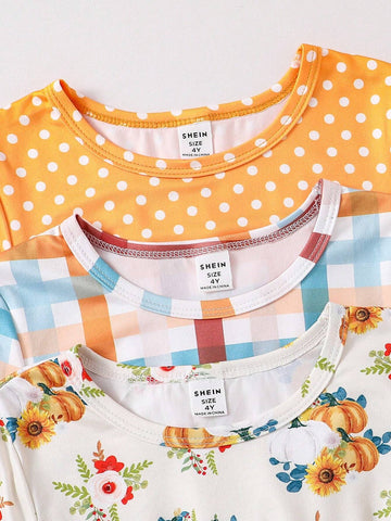 3pcs/Set Girls' Simple Elegant Plaid, Polka Dot & Floral Print Long Sleeve Dress Set