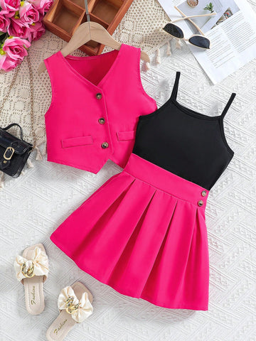 3pcs/Set Girls Solid Color Outfit, Include Sleeveless Top, Front Button Decoration Vest, And Pleated Skirt