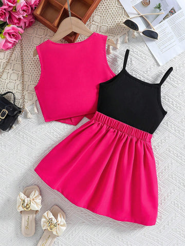 3pcs/Set Girls Solid Color Outfit, Include Sleeveless Top, Front Button Decoration Vest, And Pleated Skirt