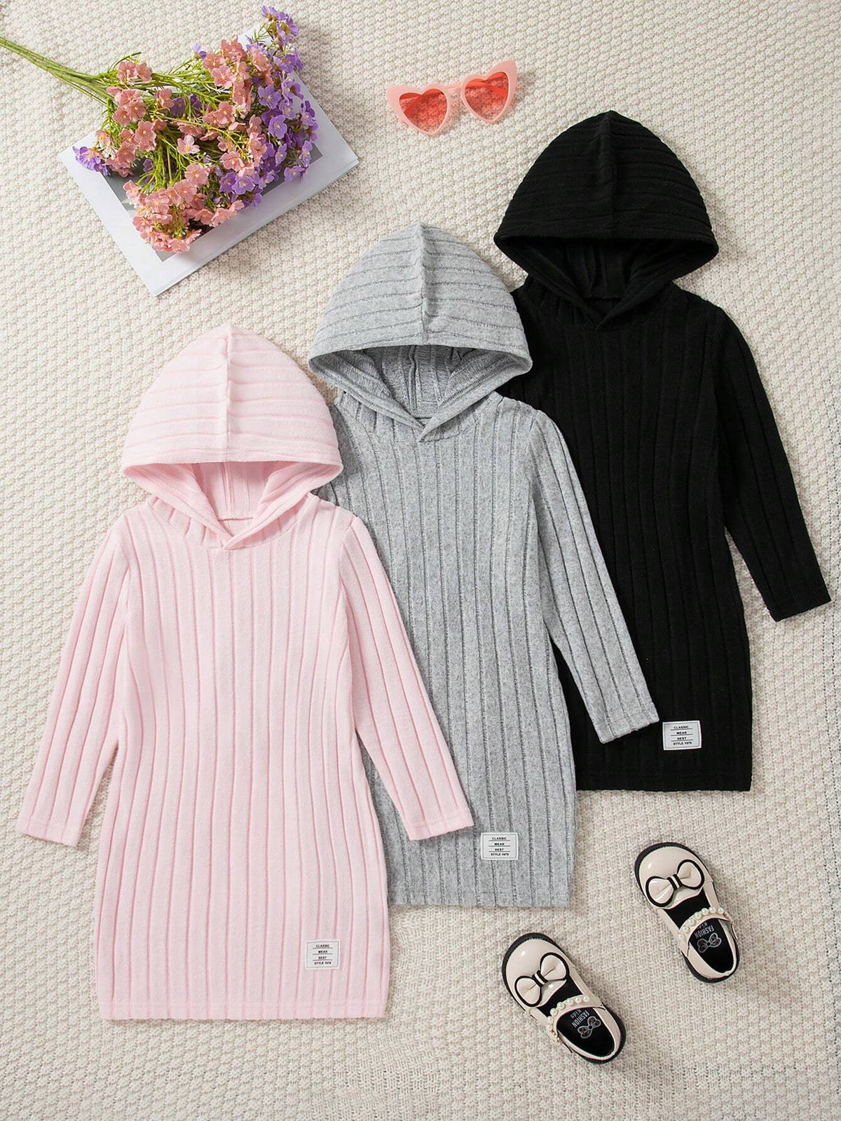 3pcs/Set Girls Solid Color Ribbed Minimalist High-Quality Dress Set