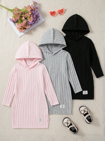 3pcs/Set Girls Solid Color Ribbed Minimalist High-Quality Dress Set