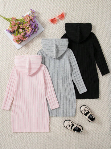 3pcs/Set Girls Solid Color Ribbed Minimalist High-Quality Dress Set