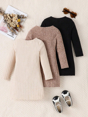 3pcs/Set Girls' Solid Color Ribbed Simple Elegant Dress Set