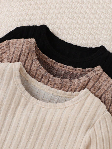 3pcs/Set Girls' Solid Color Ribbed Simple Elegant Dress Set