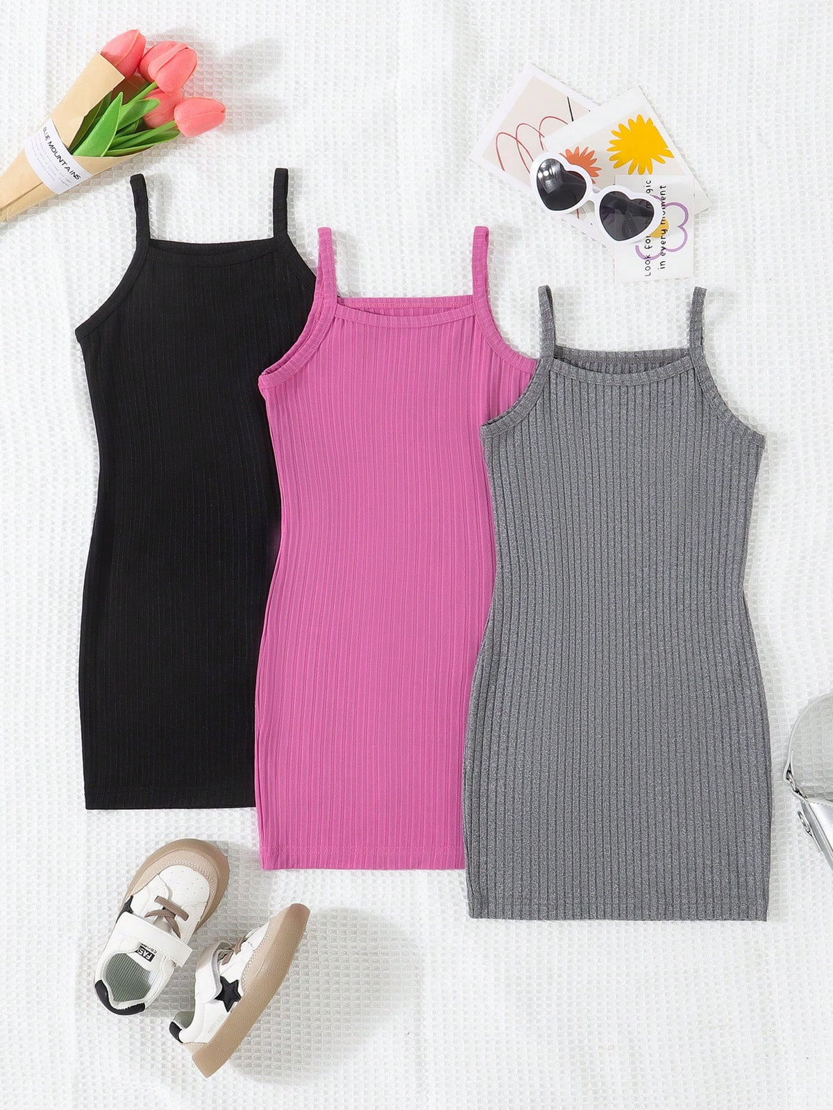 3pcs/Set Girl's Solid Color Ribbed Strap Dress