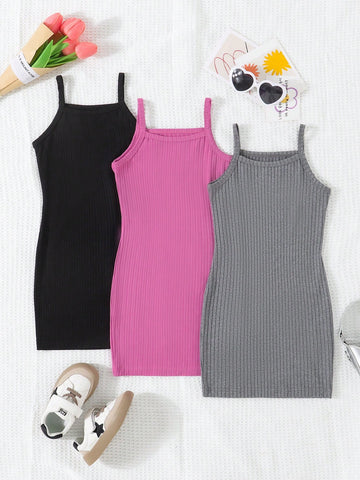 3pcs/Set Girl's Solid Color Ribbed Strap Dress