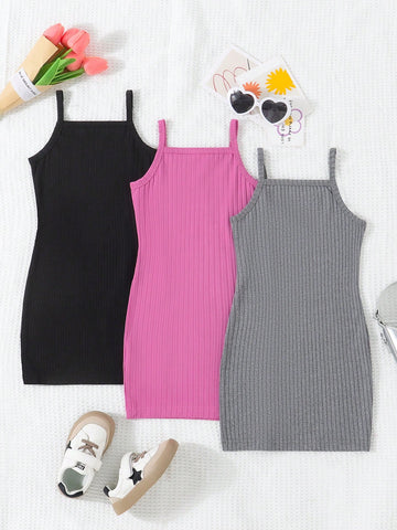 3pcs/Set Girl's Solid Color Ribbed Strap Dress