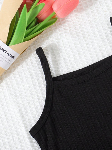 3pcs/Set Girl's Solid Color Ribbed Strap Dress