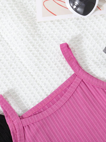 3pcs/Set Girl's Solid Color Ribbed Strap Dress