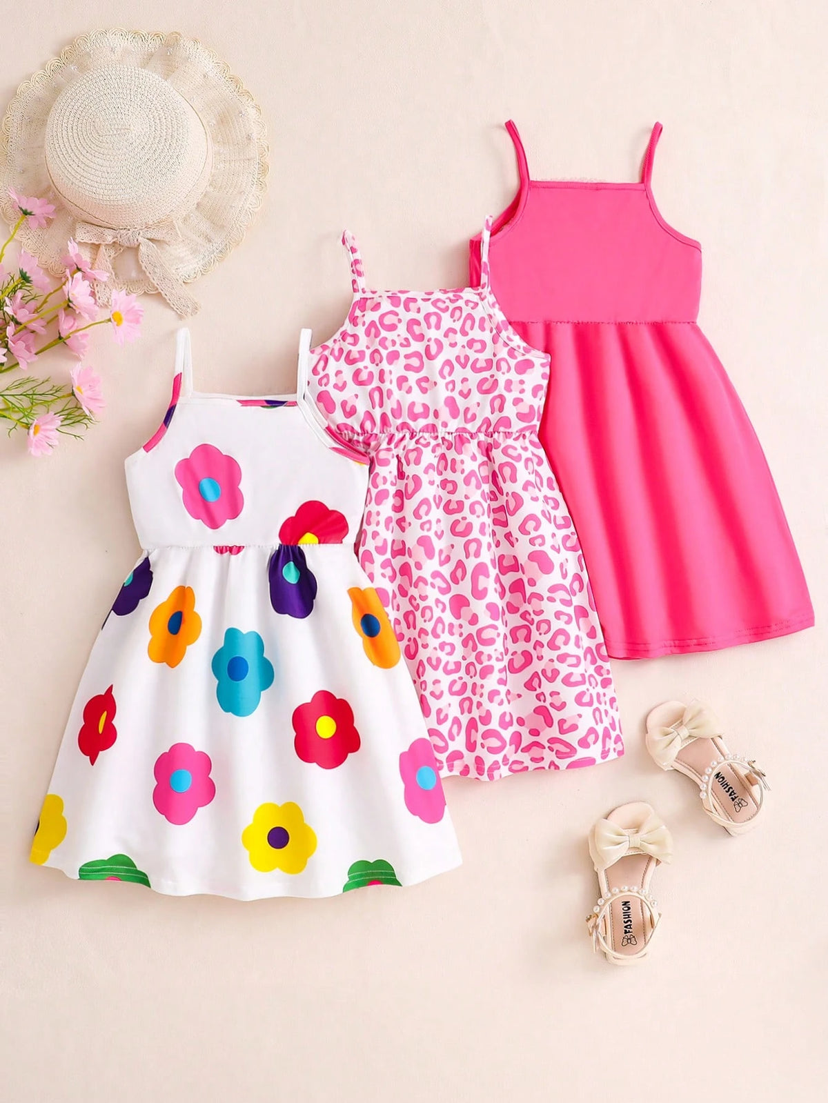 3pcs/Set Girls Summer New Simple Fashion Dress, Round Neck Flutter Sleeves Four-Way Stretch Dress