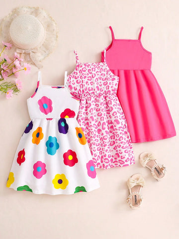 3pcs/Set Girls Summer New Simple Fashion Dress, Round Neck Flutter Sleeves Four-Way Stretch Dress