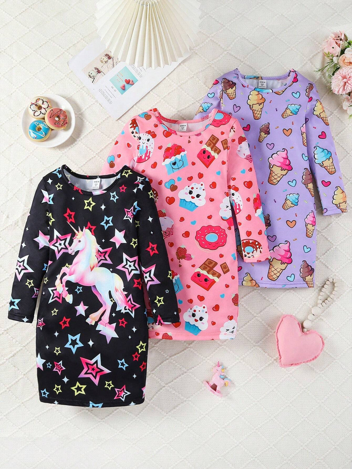 3pcs/Set Girls Unicorn, Dessert & Ice Cream Graphic Print Long Sleeve Dress