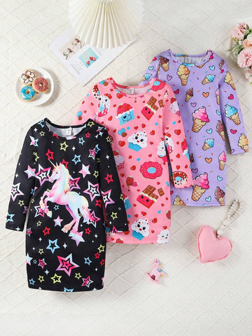 3pcs/Set Girls Unicorn, Dessert & Ice Cream Graphic Print Long Sleeve Dress