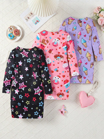 3pcs/Set Girls Unicorn, Dessert & Ice Cream Graphic Print Long Sleeve Dress