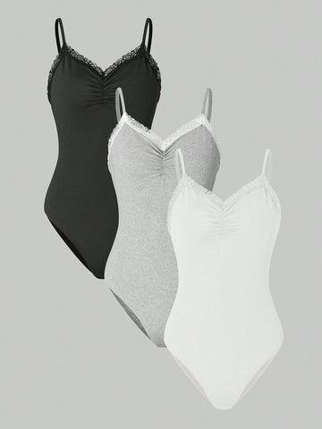 3pcs/Set Sexy Lace Spaghetti Strap Bodysuit