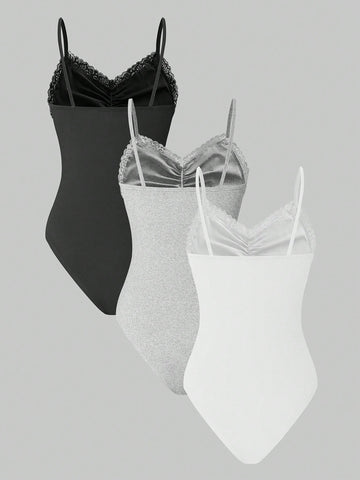 3pcs/Set Sexy Lace Spaghetti Strap Bodysuit