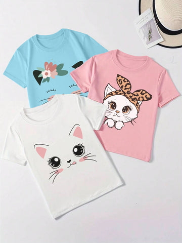 3pcs/Set Summer Toddler Clothes Cute Cat Loose Casual Round Neck Tops Combo Outfit
