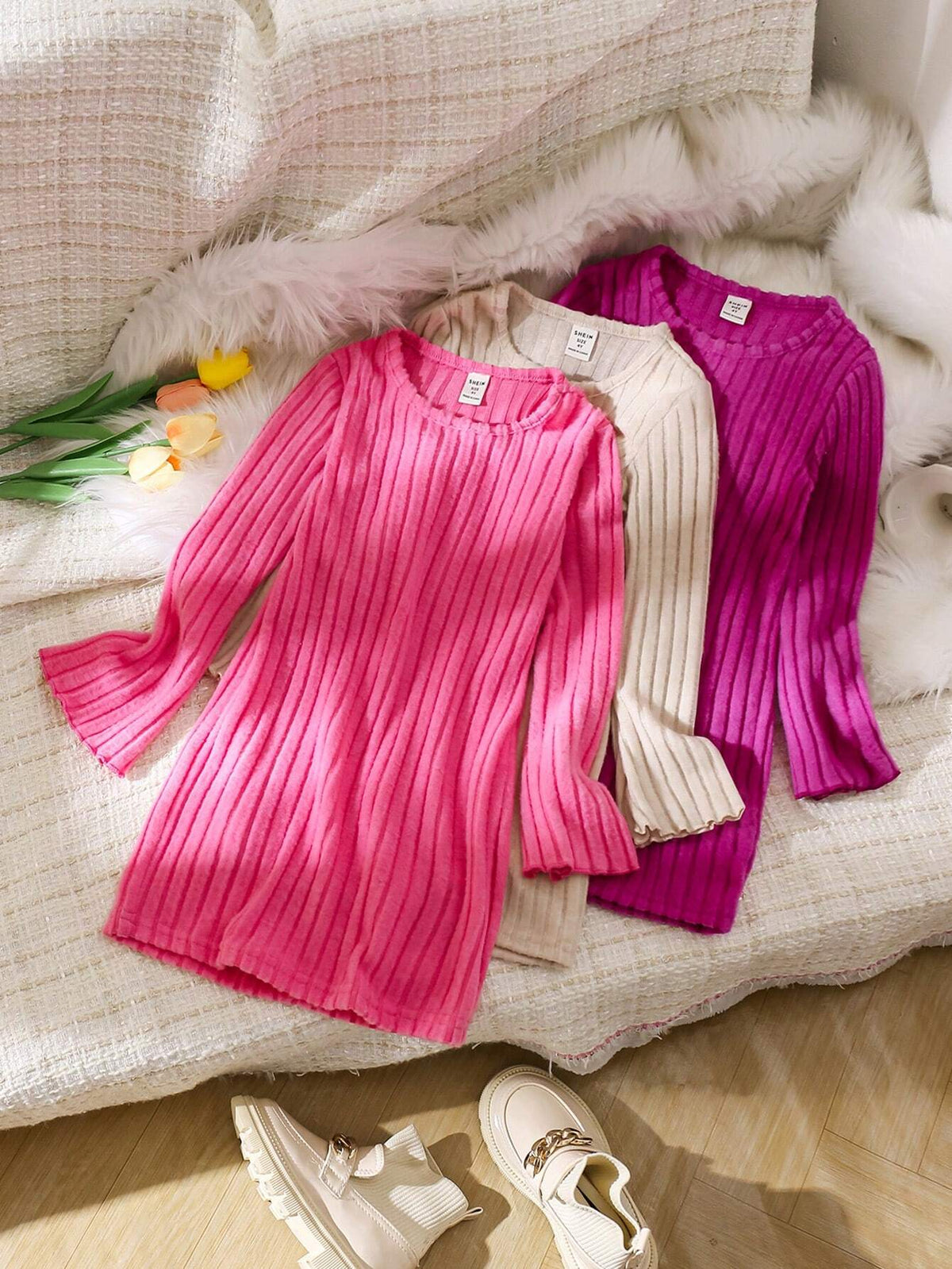 3pcs/Set Toddler Girls' Casual Solid Ribbed Flared Sleeve Bodycon Dress, Versatile Layering Pieces