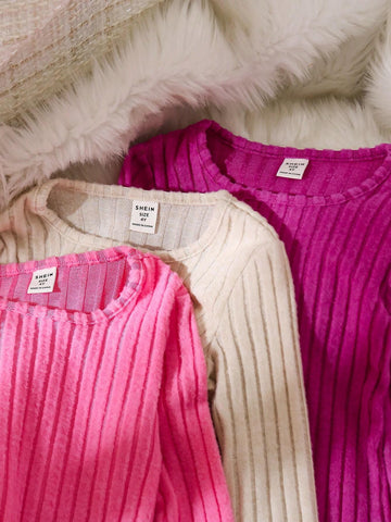 3pcs/Set Toddler Girls' Casual Solid Ribbed Flared Sleeve Bodycon Dress, Versatile Layering Pieces