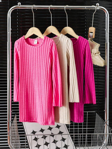 3pcs/Set Toddler Girls' Casual Solid Ribbed Flared Sleeve Bodycon Dress, Versatile Layering Pieces