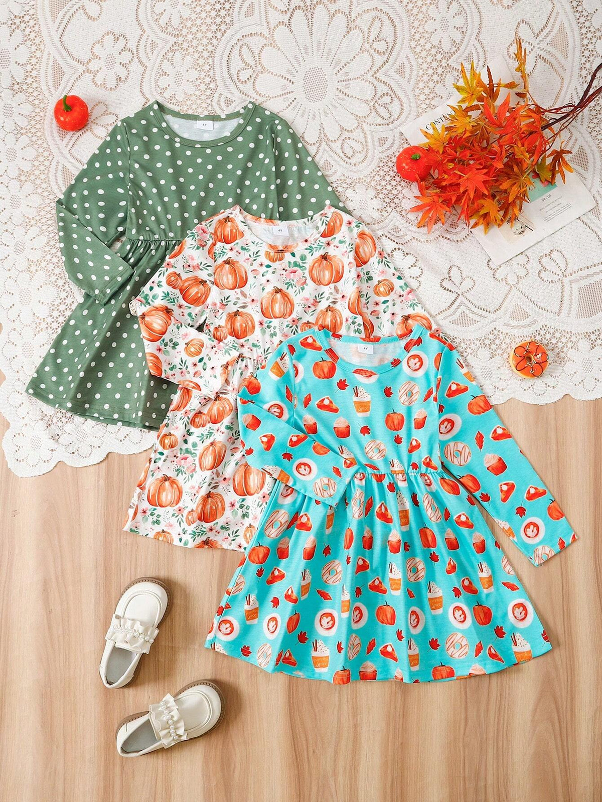 3pcs/Set Toddler Girls' Polka Dot & Pumpkin Ditsy Floral Long Sleeve Casual Dresses, Autumn & Winter