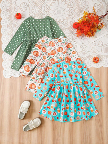 3pcs/Set Toddler Girls' Polka Dot & Pumpkin Ditsy Floral Long Sleeve Casual Dresses, Autumn & Winter