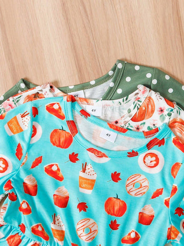 3pcs/Set Toddler Girls' Polka Dot & Pumpkin Ditsy Floral Long Sleeve Casual Dresses, Autumn & Winter