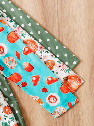 3pcs/Set Toddler Girls' Polka Dot & Pumpkin Ditsy Floral Long Sleeve Casual Dresses, Autumn & Winter