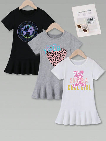 3pcs/Set Women's And Girls' Casual Pencil Skirt With Heat Transfer Printing, Mid-Length, Thin, Short Sleeve Dress For Summer