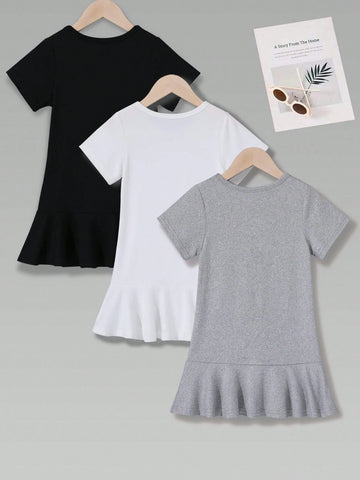 3pcs/Set Women's And Girls' Casual Pencil Skirt With Heat Transfer Printing, Mid-Length, Thin, Short Sleeve Dress For Summer