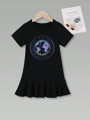 3pcs/Set Women's And Girls' Casual Pencil Skirt With Heat Transfer Printing, Mid-Length, Thin, Short Sleeve Dress For Summer